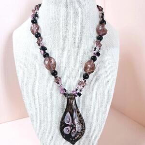 Purple Floral Lampwork Glass Beaded Pendant Necklace